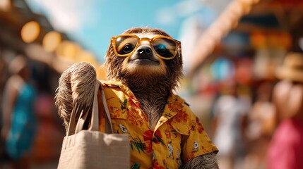 Naklejka premium A sloth dressed in a bright, patterned shirt and wearing stylish sunglasses stands in a lively, outdoor marketplace