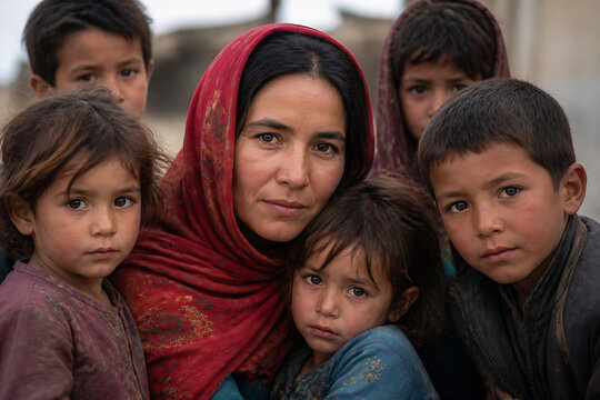 A group of diverse children and a woman are gathered together outdoors, looking towards the viewer.