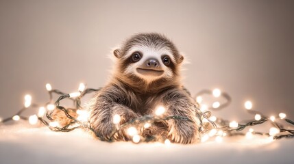 Naklejka premium The image features an adorable baby sloth lying on a flat surface, surrounded by glowing string lights