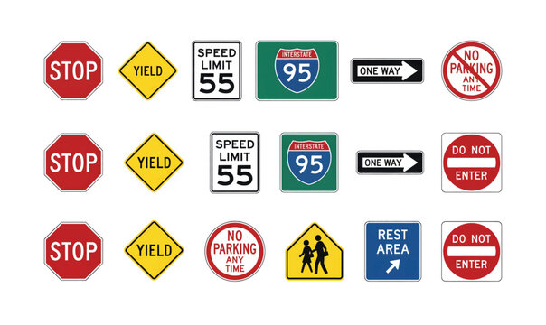 Set of American Traffic Road Signs Vector Icons Isolated on White Background.