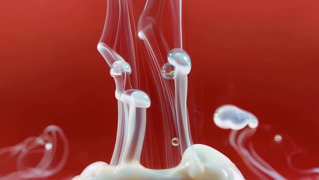 abstract high-quality 4K stock video features a vibrant scarlet background with a simulated movement or bubbling effect of a white liquid-like mass located at the bottom continuously emitting thin