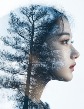 The image features a double exposure effect combining a profile of a young woman's face with a large, leafless tree