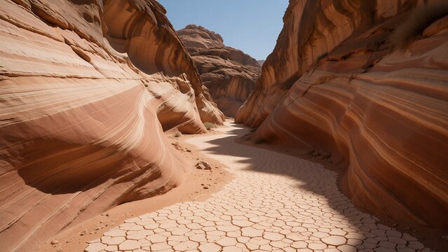 Dry Riverbed Winding Through a Striped Desert Canyon