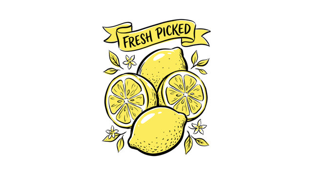 Vintage Hand Drawn Illustration of Fresh Picked Lemons with Yellow Fruit Slices and Leaves on a Banner Label, Retro Vector Graphic Art Design for Kitchen Decor or Packaging Labeling