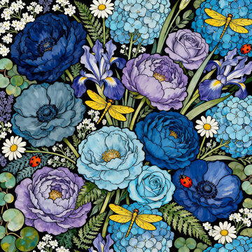 Blue Purple Floral Bouquet With Insects Seamless Art