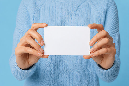 A person wearing a light blue sweater is holding up a blank white card against a solid blue background.