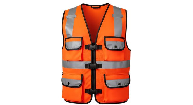 Orange safety vest with reflective stripes and multiple pockets on transparent background garment clothing workwear visibility protection construction road