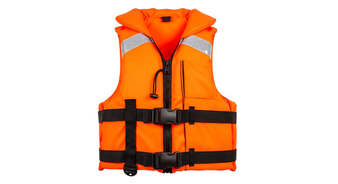 Orange life vest with black straps and reflective details on transparent background lifejacket lifevest buoyancy safety nylon polyester jacket