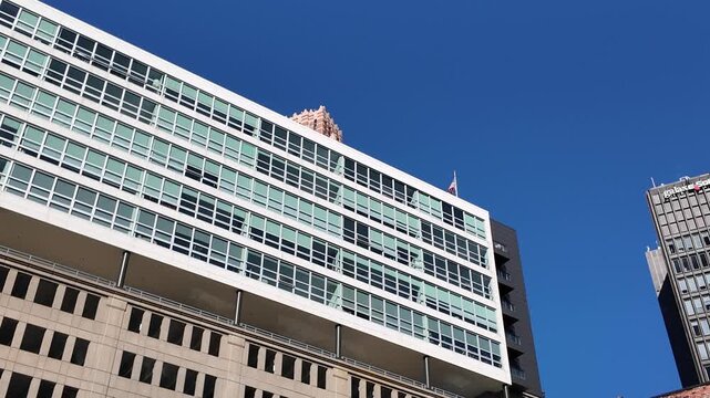 American Flag Flying on a Tall Building in Downtown Detroit