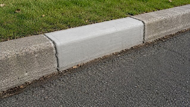 Section of newly repaired light-gray concrete curb contrasting with older weathered curb on either side, realistic municipal maintenance and infrastructure improvement