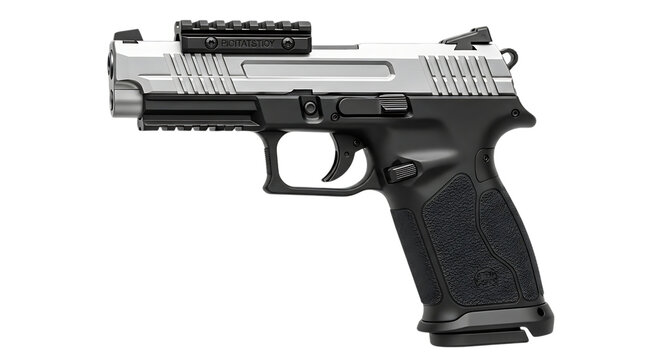 Silver and black semi automatic pistol with detailed features on transparent background firearm handgun weapon gun semi-automatic metallic gray