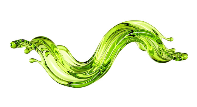 A luminous green liquid splash with swirling curves and reflective highlights on transparent background fluid lime chartreuse wave curve