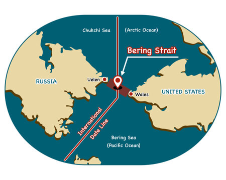 Bering Strait map vector illustration, Detailed geographic vector illustration of Bering Strait showing time zone and boundary.