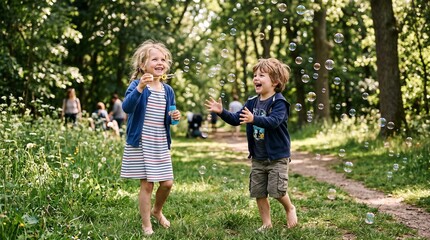 Fototapeta premium Premium Children's Day Photograph of Friends Playing with Soap Bubbles in Natural Sunlight Highlighting Happiness Connection and Childhood Memories