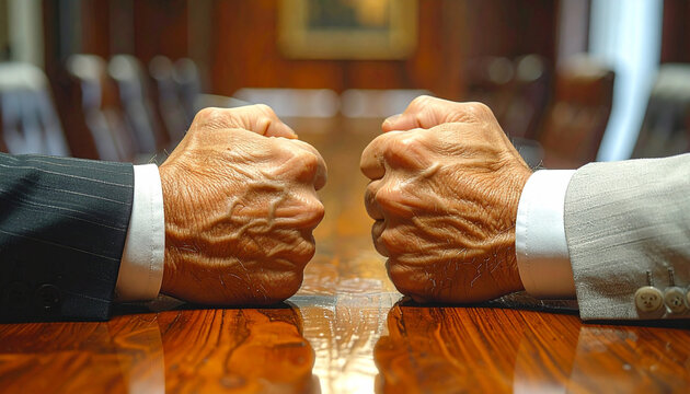 Confrontation at the Conference Table: Two fists are clenched and facing each other across a polished wooden table, symbolizing a tense negotiation or a fierce business dispute.