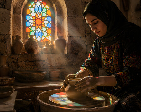 Middle Eastern Potter At Wheel Beneath Stained Glass Window