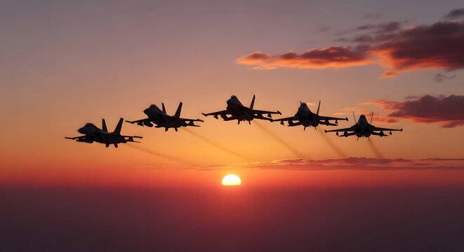 Five Fighter Jets Fly in Formation at Sunset