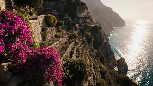 Sunlit cliffside coastal path with pink bougainvillea overlooking the sea.