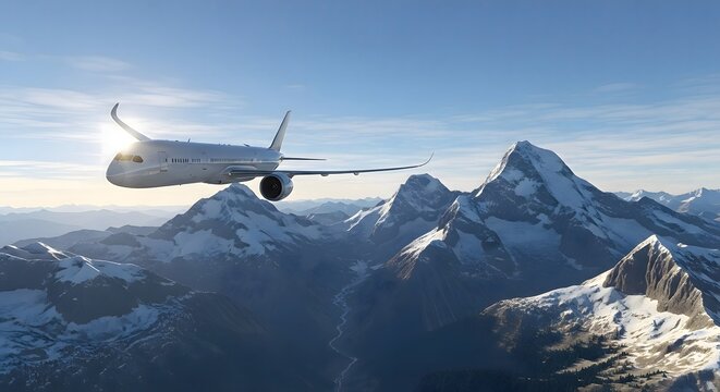 Jet Airplane Flies over Sunlit Snowy Mountains Destination Travel