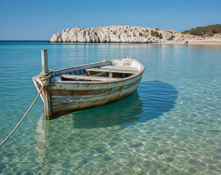 Old weathered wooden rowboat floating on clear turquoise water. Moored boat near sandy beach and rocky cliff on a sunny summer day