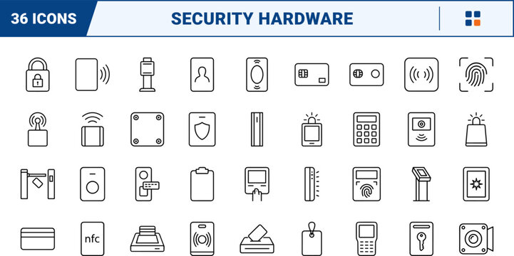 Access card reader line icon set. Vector pictograms of scanner, terminal, lock, and security elements, thin linear illustration.