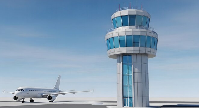 Modern Airport Control Tower and Passenger Jet on Runway