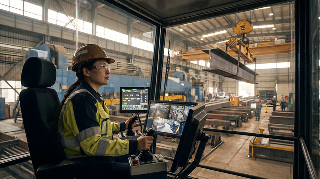Asian female crane operator controlling overhead crane in steel factory cabin.