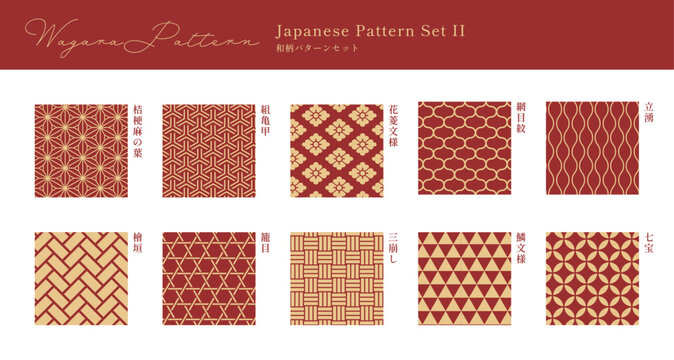 和柄パターンセットII 桔梗麻の葉 組亀甲 花菱文様 網目紋 立湧 レッド&times;ゴールド 伝統文様背景素材