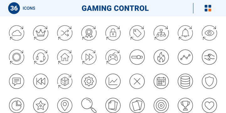 Gaming control line icon set. Vector pictograms of replay, cycle, repeat, and refresh elements, thin linear illustration.