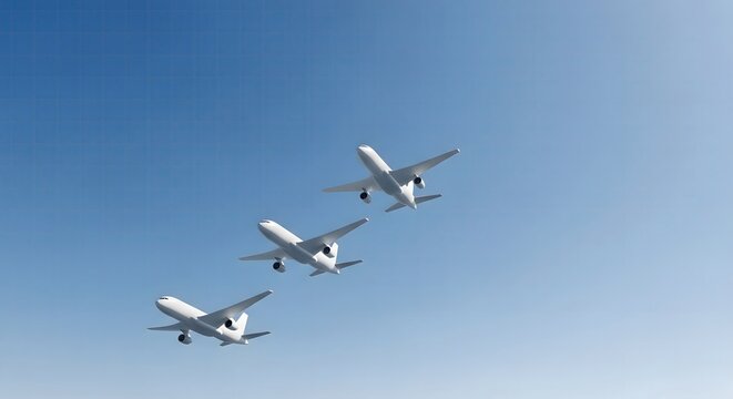 Three White Airplanes Flying in Formation Against a Clear Blue Sky