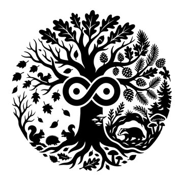 Circular tree of life silhouette with infinity symbol and forest animals.