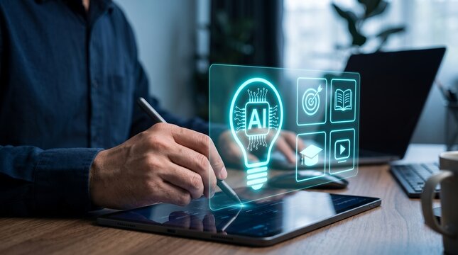 Professional man using digital tablet at wooden desk while futuristic holographic artificial intelligence interface glowing with lightbulb icon and icons displays above the screen