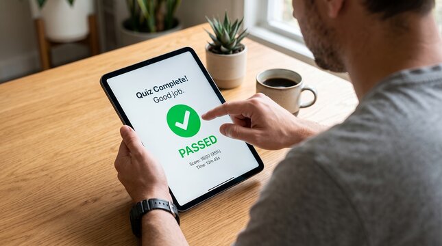 Man holding digital tablet device showing quiz passed result screen with green checkmark icon sitting at wooden table with coffee cup and small plant pot in bright home interior room setting