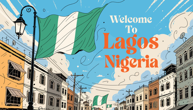 Welcome to Lagos Nigeria, vibrant city street with Nigerian flag