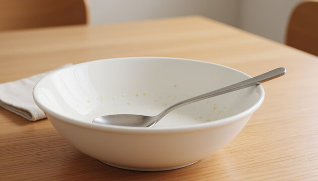 Empty White Ceramic Bowl with Silver Spoon on Wooden Dining Table