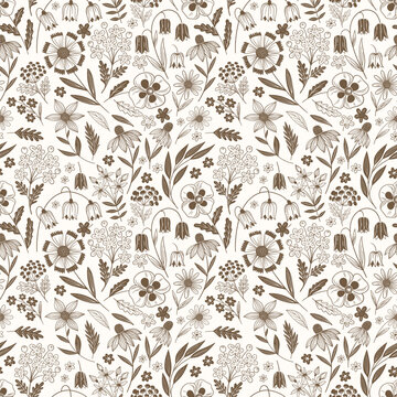Seamless hand drawn floral pattern featuring wildflowers, leaves, stems, seed pods and botanical elements in soft neutral brown tones on a warm cream background. 