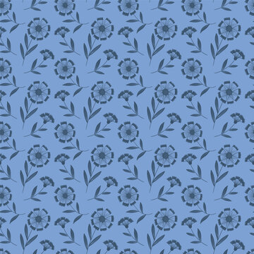 Seamless hand drawn floral pattern featuring wild stylized flowers, leafy sprigs and botanical elements in muted blue tones on a soft blue background. Delicate folk-inspired design with a vintage aest