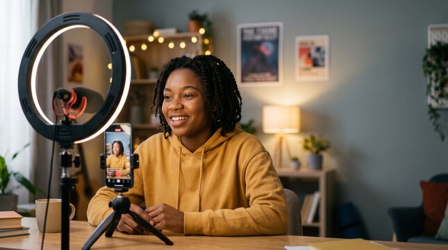 Young Woman Creating Social Media Content, Behind The Scenes Filming A Reel With Ring Light, Candid Real Emotion And Expression, Gen Z Creator, Authentic Connection, Copy Space