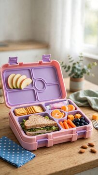 Open bento lunch box with healthy sandwich, fruit, and snacks on a wooden table
