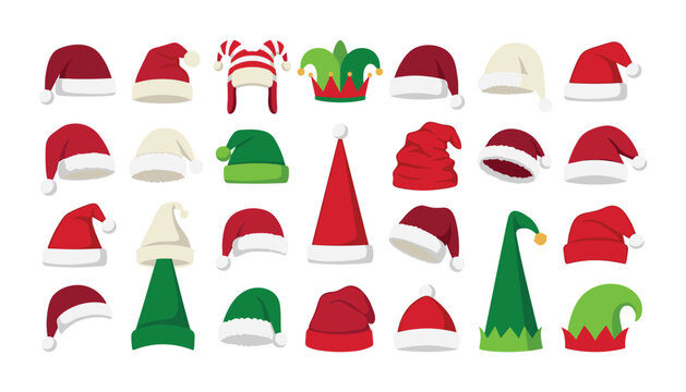 Christmas holiday hats vector illustration collection featuring traditional red Santa caps, green elf headwear, and festive winter party accessories.