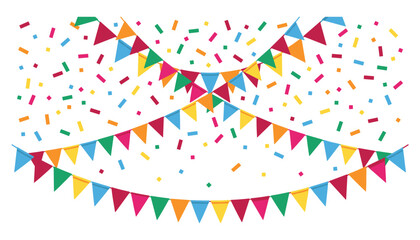 Obraz premium Colorful party bunting garland vector set with celebratory hanging flags ribbons and falling confetti paper for birthday festival decoration