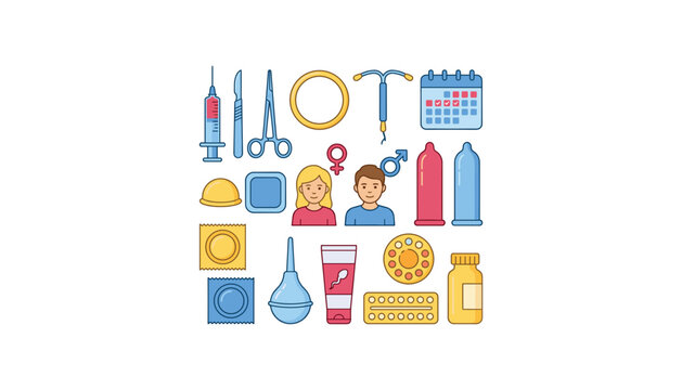 Contraception and birth control methods collection set with condoms birth control pills iud calendar syringe and couple icons vector