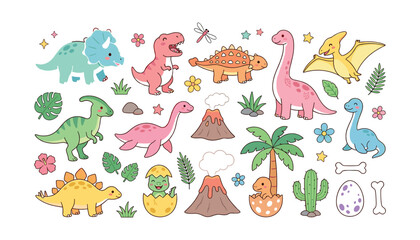 Cute cartoon dinosaurs vector set with adorable prehistoric animals triceratops t-rex stegosaurus brontosaurus and volcano isolated on white, © Ruma