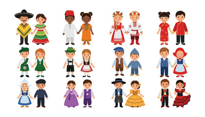 Fototapeta premium Cute children in traditional clothing vector set representing diverse cultures nationalities and folk costumes around the world