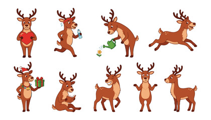 Fototapeta premium Cute Christmas deer cartoon character set in various poses running reading holding heart and gift vector illustration isolated on white