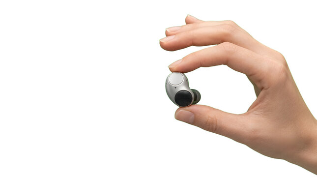 Wireless earbud, hand and hearing aid with device for audio, sound and digital communication. Small technology, electronic and bluetooth with gadget, mini and earphone in studio for listening music