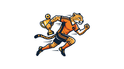 Fototapeta premium Cheetah mascot character running with a winner trophy cup.
