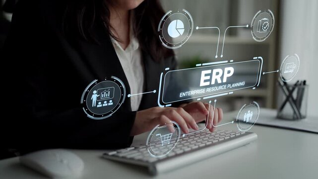 ERP platform visual showing centralized system for enterprise resource planning, improving integration, data flow, business efficiency, finance, inventory, and human resources. Muxer