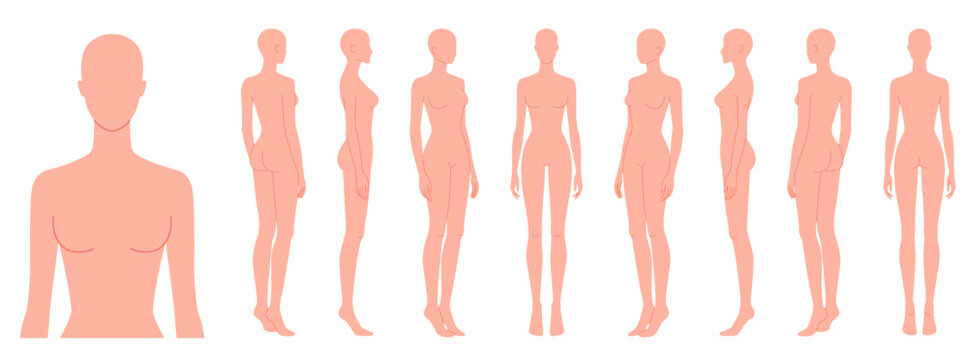 Set of female standing croquis with bust close-up plus front, back, side, three-quarter views in pale skin outlines. Ideal for apparel sketching, garment flats, proportion study or presentation boards