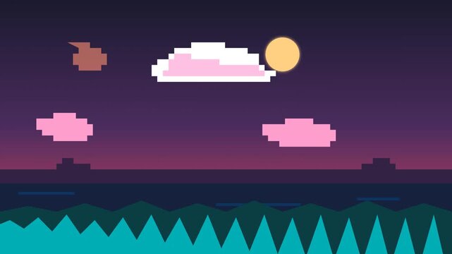 Pixel art sunset landscape with clouds and mountains.